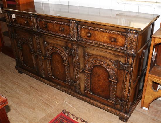 Jacobean style carved and arcaded panelled oak sideboard